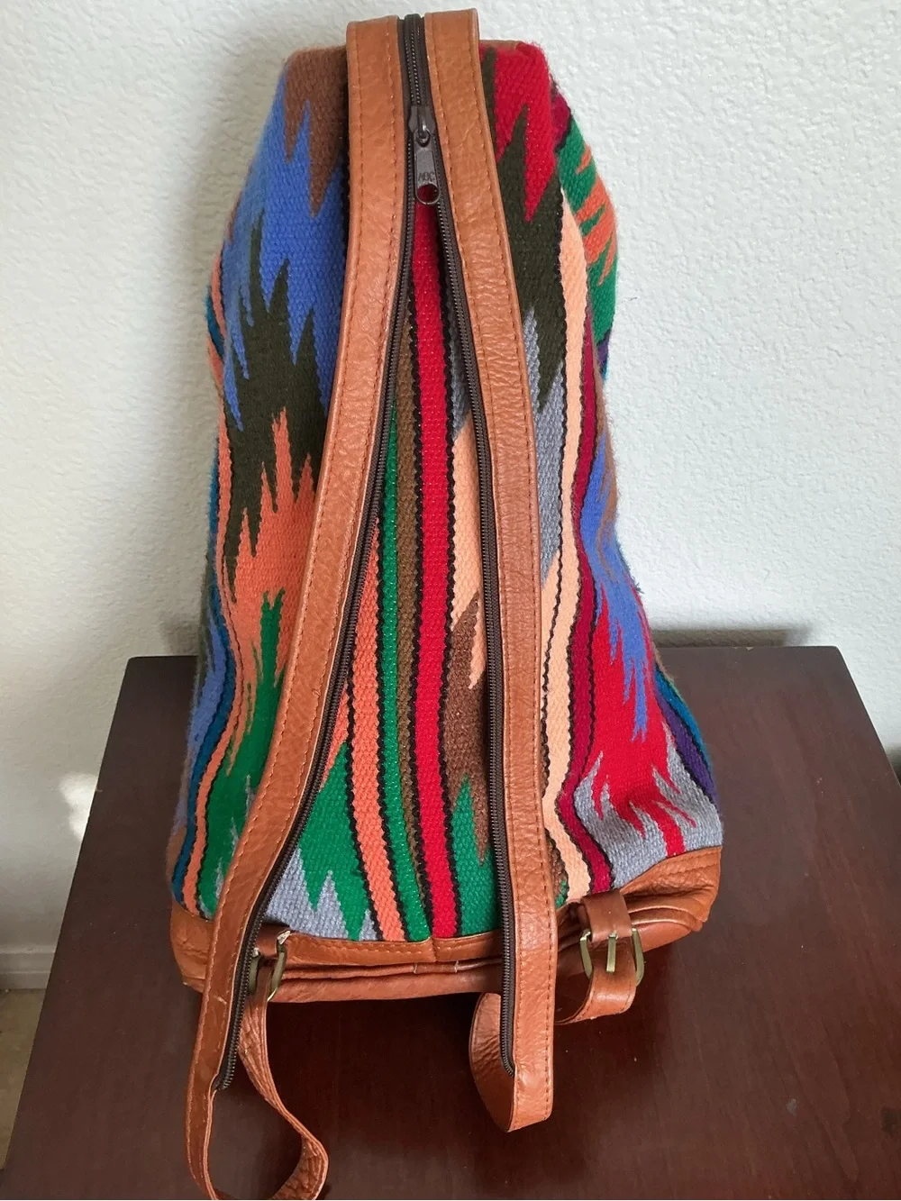 Kilim Style Southwestern Woven Backpack Sling Bag with Tan Leather Trim